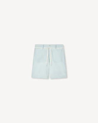 Pantalón corto recto de encaje en cambray decolorado color piedra