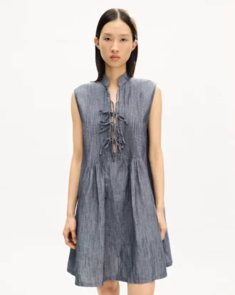 Vestido corto de denim de lino mezclado lavado