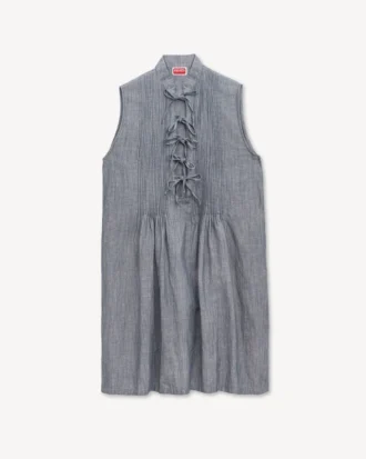 Vestido corto de denim de lino mezclado lavado