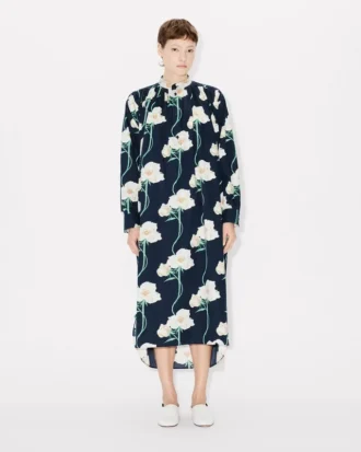 Vestido largo oversize plisado «Kenzo Archive Rose» en algodón y seda