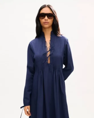 Vestido midi de manga larga en popelín de algodón ligero