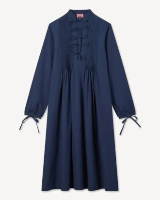 Vestido midi de manga larga en popelín de algodón ligero